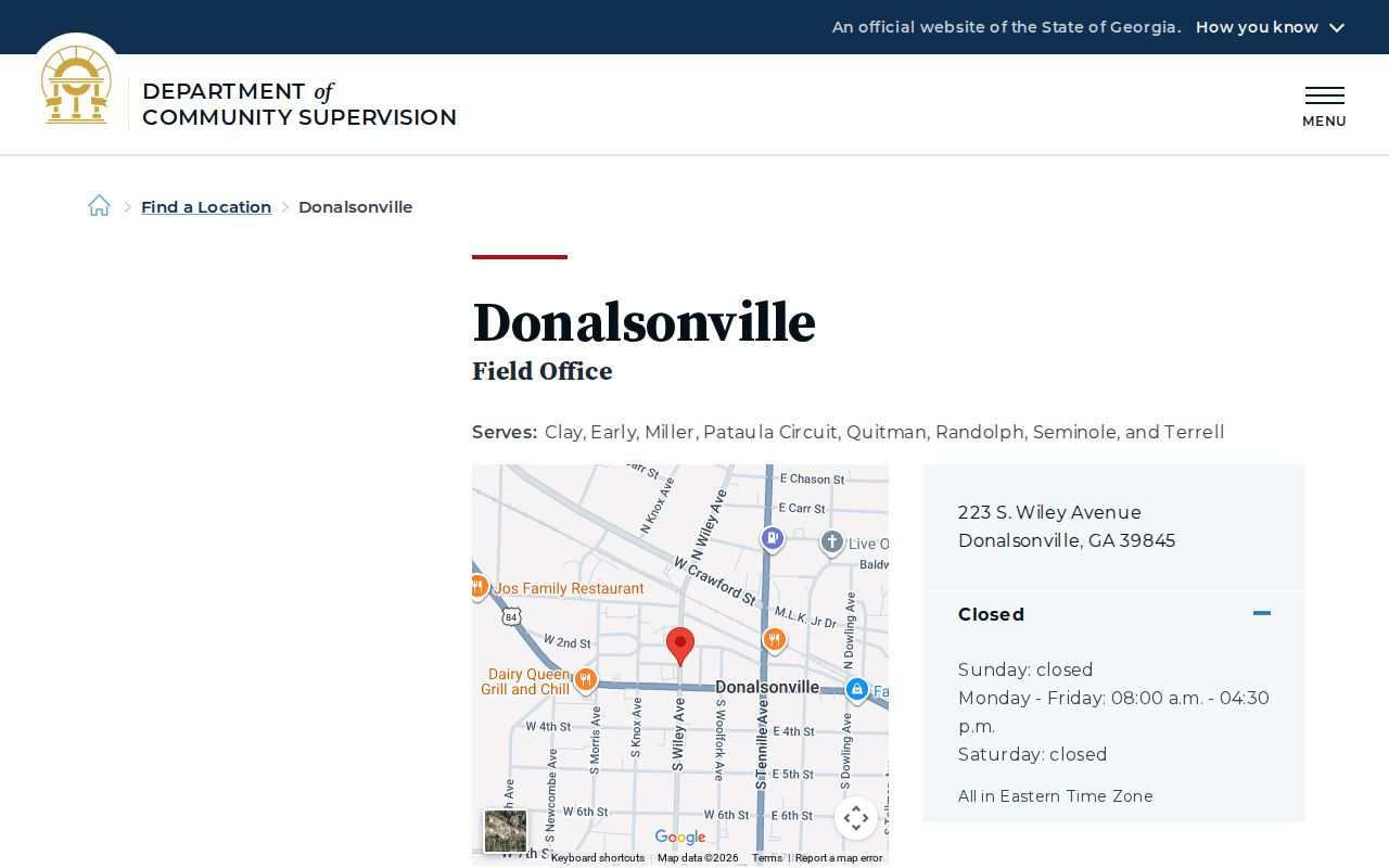 Georgia DCS Donalsonville Field Office page serving Clay County