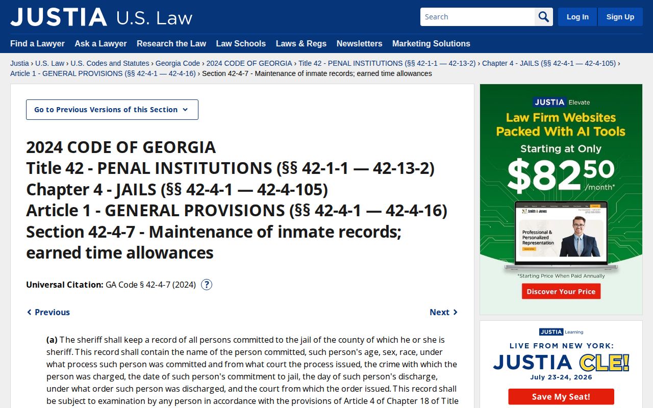 Georgia county inmate earned-time statute for release calculations